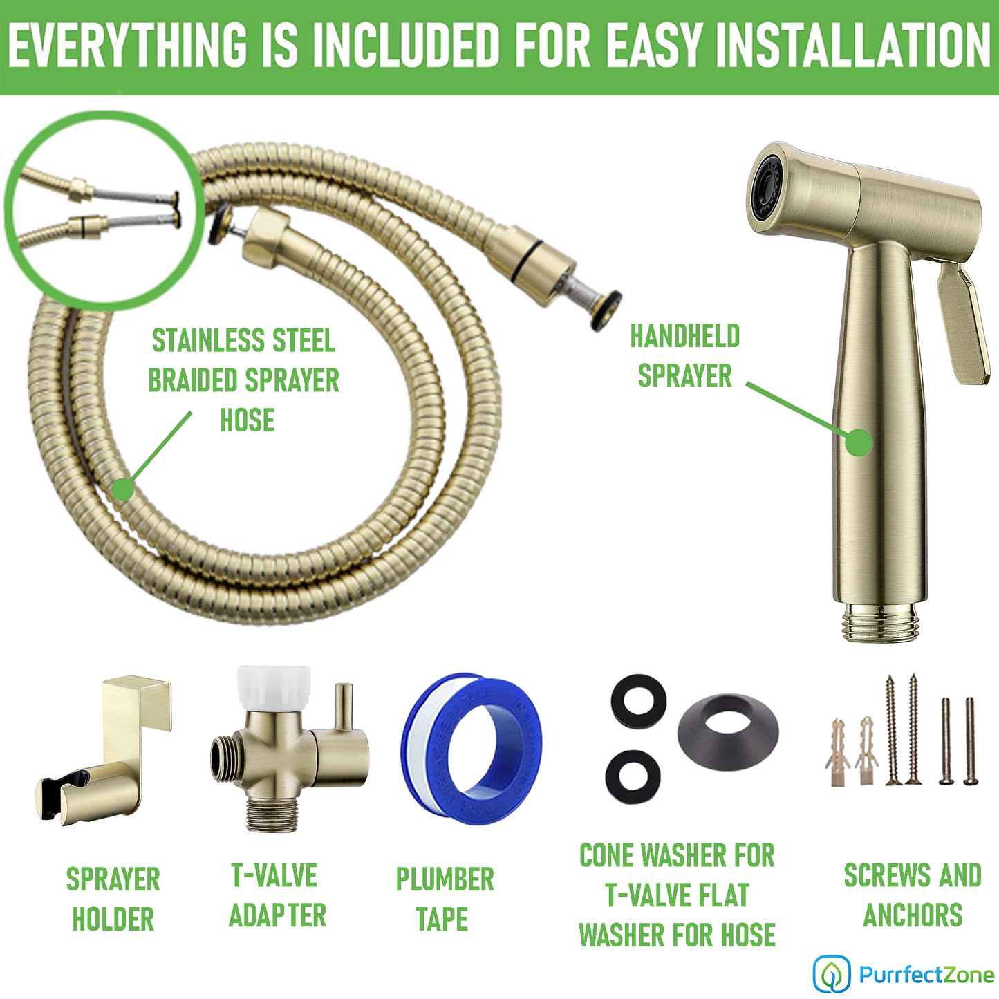 Purrfectzone Bidet Sprayer for Toilet, Handheld Sprayer Kit, Hand Held Bidet, Cloth Diaper Sprayer Set - Easy to Install - Brushed Gold